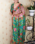 Pink Soft Tussar Silk Striped & Floral Printed Saree