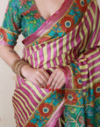 Pink Soft Tussar Silk Striped & Floral Printed Saree