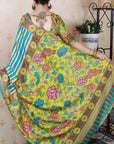 Blue Soft Tussar Silk Striped & Floral Printed Saree