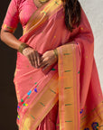 Pink Premium Bamboo Tissue Paithani Silk Zari Woven Meenakri Saree
