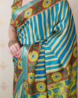 Blue Soft Tussar Silk Striped & Floral Printed Saree