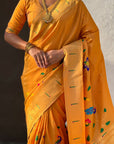 Mustard Yellow Premium Bamboo Tissue Paithani Silk Zari Woven Meenakri Saree