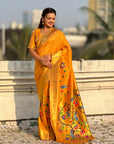 Mustard Yellow Premium Bamboo Tissue Paithani Silk Zari Woven Meenakri Saree
