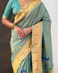 Blue Premium Bamboo Tissue Paithani Silk Zari Woven Meenakri Saree