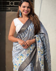 Grey Chanderi Crush Silk Floral Printed Saree with Zari Woven Border