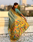 Blue Premium Bamboo Tissue Paithani Silk Zari Woven Meenakri Saree