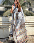 Grey Chanderi Crush Silk Floral Printed Saree with Zari Woven Border