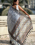Grey Chanderi Crush Silk Floral Printed Saree with Zari Woven Border