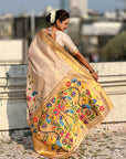 Cream Premium Bamboo Tissue Paithani Silk Zari Woven Meenakri Saree
