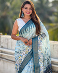 Blue Chanderi Crush Silk Floral Printed Saree with Zari Woven Border