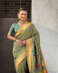 Mehendi Green Premium Bamboo Tissue Paithani Silk Zari Woven Meenakri Saree
