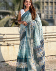Blue Chanderi Crush Silk Floral Printed Saree with Zari Woven Border