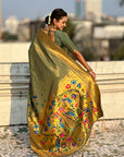 Mehendi Green Premium Bamboo Tissue Paithani Silk Zari Woven Meenakri Saree