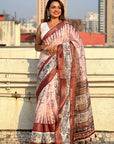 Coffee Chanderi Crush Silk Floral Printed Saree with Zari Woven Border