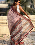 Coffee Chanderi Crush Silk Floral Printed Saree with Zari Woven Border