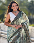 Green Chanderi Crush Silk Floral Printed Saree with Zari Woven Border