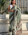 Green Chanderi Crush Silk Floral Printed Saree with Zari Woven Border