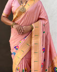 Baby Pink Premium Bamboo Tissue Paithani Silk Zari Woven Meenakri Saree