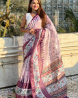 Lavender Chanderi Crush Silk Floral Printed Saree with Zari Woven Border