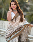 Brown Chanderi Crush Silk Floral Printed Saree with Zari Woven Border