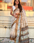 Brown Chanderi Crush Silk Floral Printed Saree with Zari Woven Border