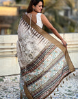Brown Chanderi Crush Silk Floral Printed Saree with Zari Woven Border
