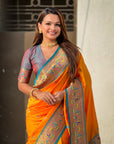 Orange Paithani Silk Meenakari Zari Woven Contrast Saree with Nath Motifs