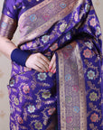 Violet Soft Banarasi Silk Saree with Meenakari Gold Zari Woven Jaal