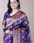 Violet Soft Banarasi Silk Saree with Meenakari Gold Zari Woven Jaal