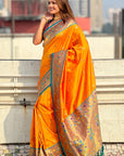 Orange Paithani Silk Meenakari Zari Woven Contrast Saree with Nath Motifs