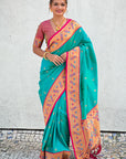 Aqua Blue Paithani Silk Meenakari Zari Woven Contrast Saree with Nath Motifs