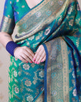 Peacock Blue Soft Banarasi Silk Saree with Meenakari Gold Zari Woven Jaal