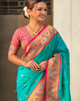 Aqua Blue Paithani Silk Meenakari Zari Woven Contrast Saree with Nath Motifs