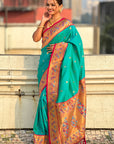 Aqua Blue Paithani Silk Meenakari Zari Woven Contrast Saree with Nath Motifs