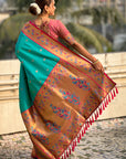 Aqua Blue Paithani Silk Meenakari Zari Woven Contrast Saree with Nath Motifs