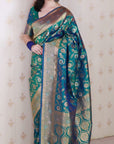 Peacock Blue Soft Banarasi Silk Saree with Meenakari Gold Zari Woven Jaal