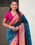 Dark Blue Paithani Silk Meenakari Zari Woven Contrast Saree with Nath Motifs