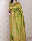 Mehendi Green Soft Banarasi Silk Saree with Meenakari Gold Zari Woven Jaal