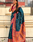 Dark Blue Paithani Silk Meenakari Zari Woven Contrast Saree with Nath Motifs