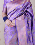 Lavender Soft Banarasi Silk Saree with Meenakari Gold Zari Woven Jaal