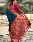 Dark Blue Paithani Silk Meenakari Zari Woven Contrast Saree with Nath Motifs