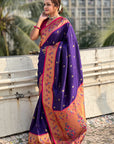 Violet Paithani Silk Meenakari Zari Woven Contrast Saree with Nath Motifs