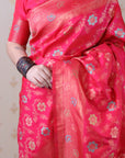 Pink Soft Banarasi Silk Saree with Meenakari Gold Zari Woven Jaal