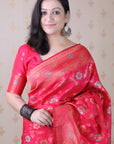 Pink Soft Banarasi Silk Saree with Meenakari Gold Zari Woven Jaal