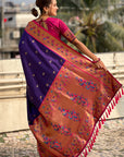 Violet Paithani Silk Meenakari Zari Woven Contrast Saree with Nath Motifs
