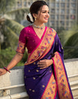 Violet Paithani Silk Meenakari Zari Woven Contrast Saree with Nath Motifs