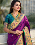 Purple Paithani Silk Meenakari Zari Woven Contrast Saree with Nath Motifs