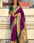 Purple Paithani Silk Meenakari Zari Woven Contrast Saree with Nath Motifs