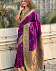 Purple Paithani Silk Meenakari Zari Woven Contrast Saree with Nath Motifs