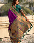 Purple Paithani Silk Meenakari Zari Woven Contrast Saree with Nath Motifs
